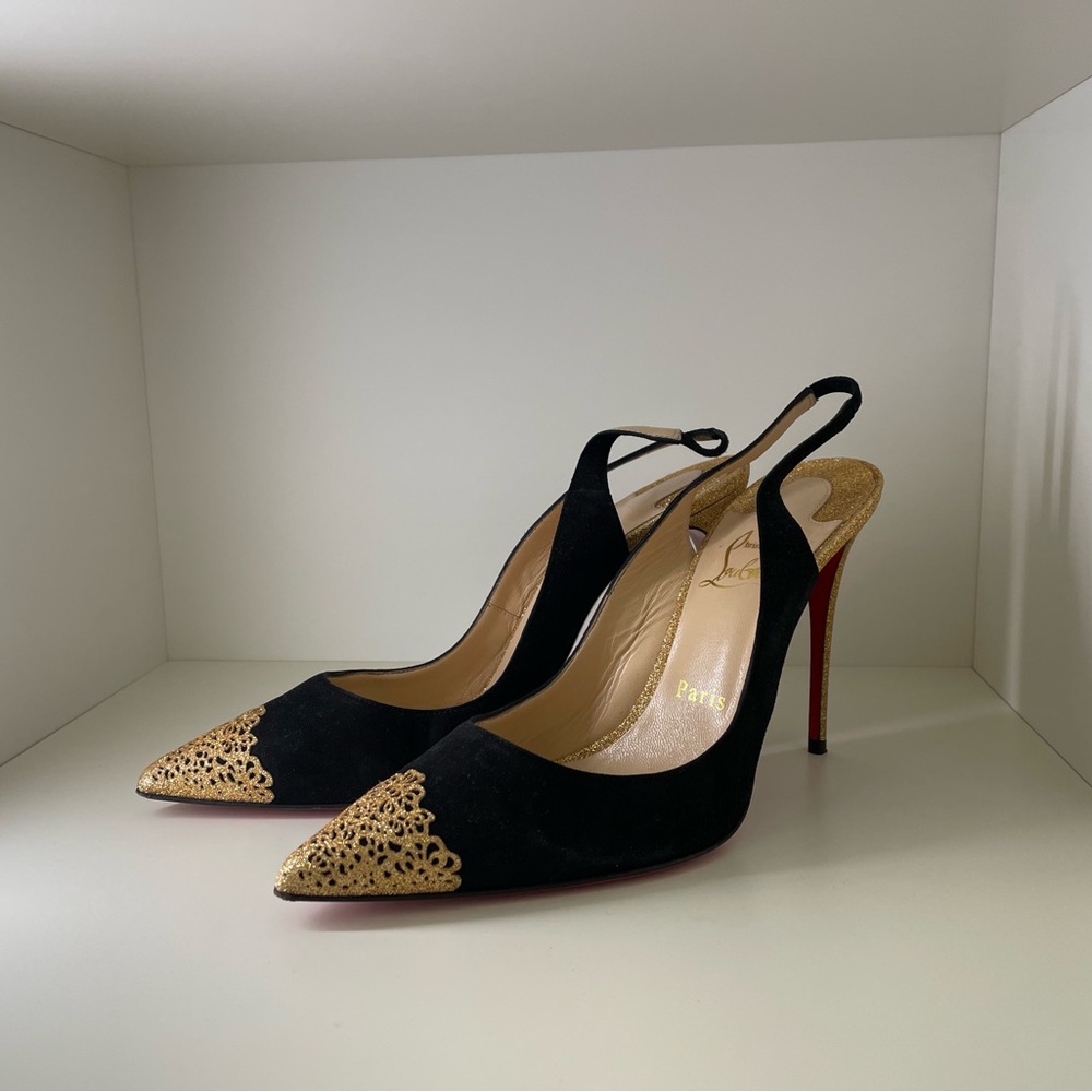 Used once! Authentic Christian Louboutin Suede Slingback Pumps
Black